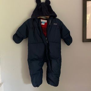 Navy and red Columbia size 6-12 month snowsuit and Hanna Anderson bear hat
